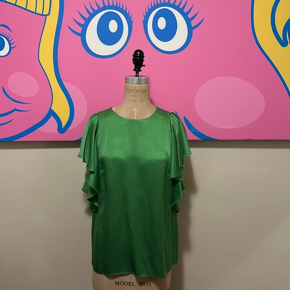 Lanvin Green Satin Short Sleeve Blouse